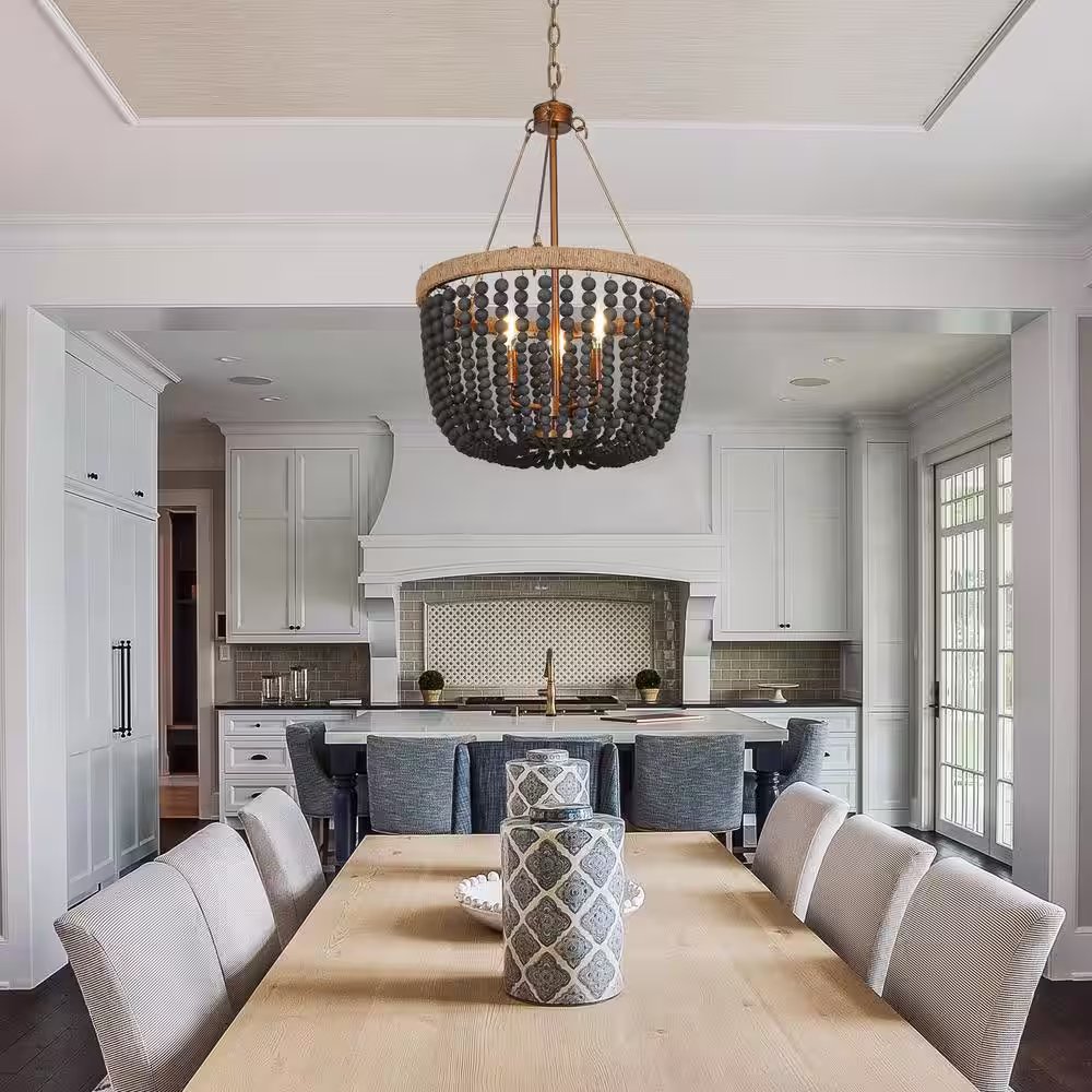 Uolfin Modern Farmhouse Empire Drum Beaded Chandelier Light, 3-Light Gold Transitional Boho Chandelier with Black Wood Beads