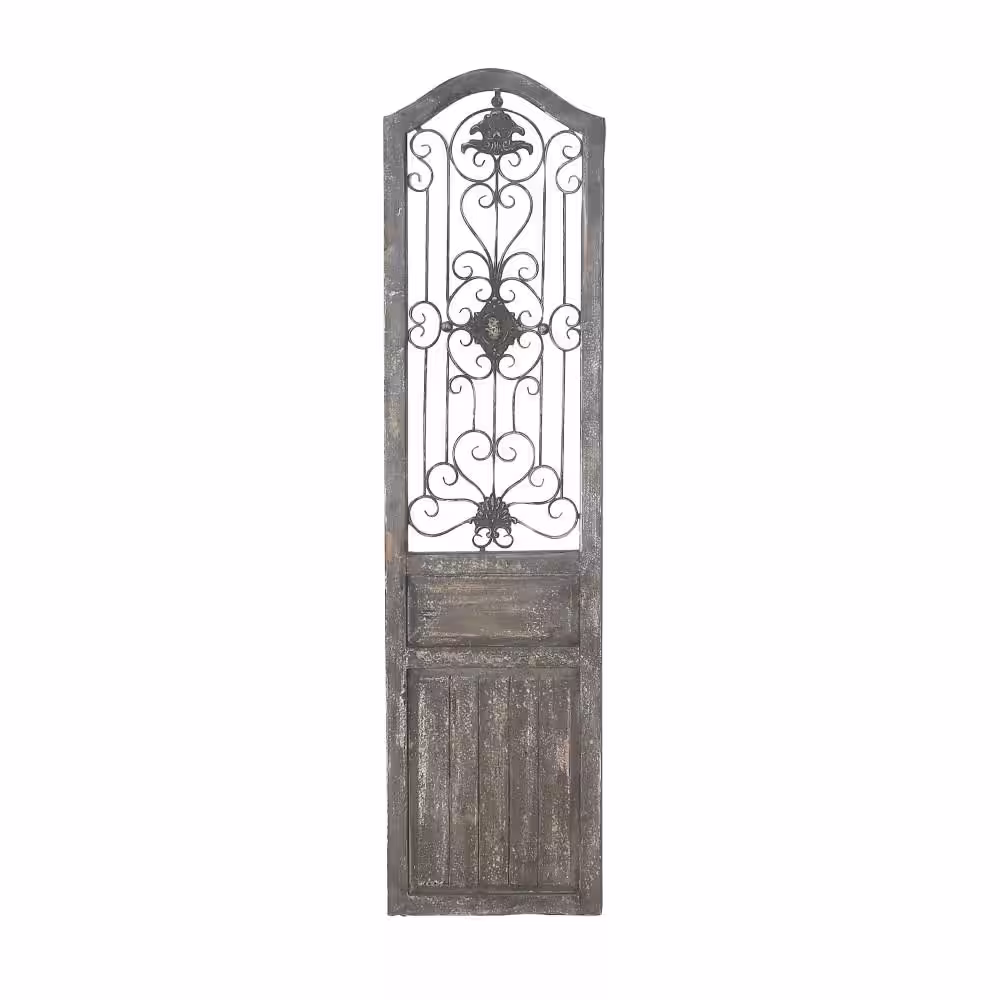 Litton Lane Wood Brown Distressed Door Inspired Ornamental Scroll Wall Decor with Metal Wire Details