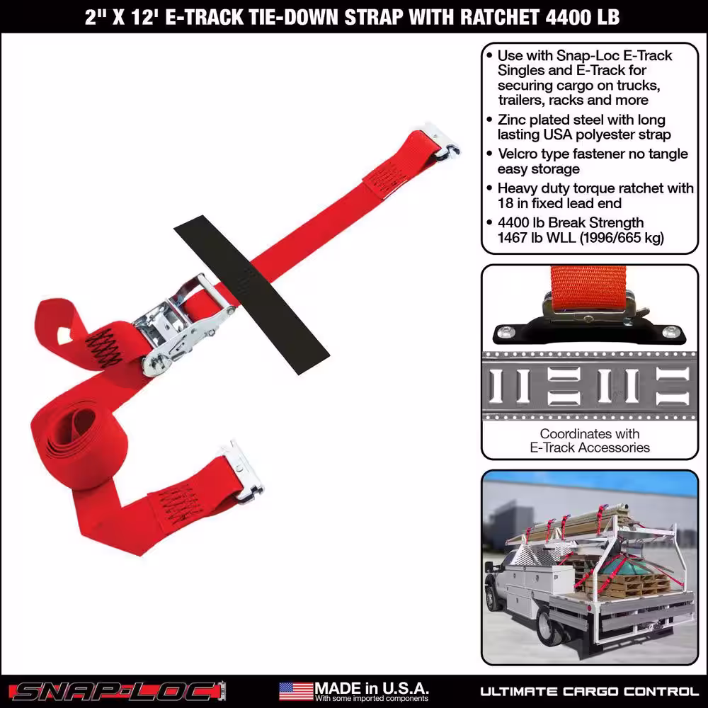 SNAP-LOC 12 ft. x 2 in. Logistic Ratchet E-Strap with Hook and Loop Storage Fastener in Red