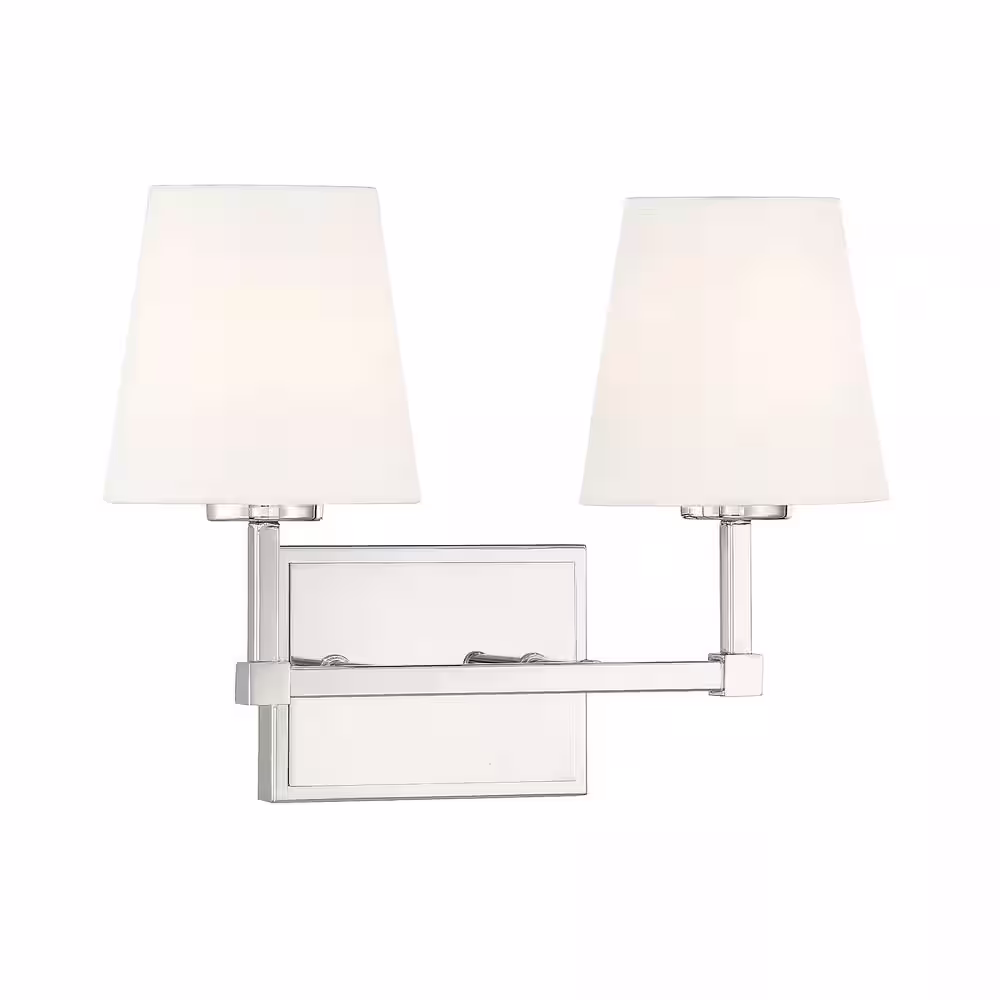 Savoy House 15 in. W x 9.5 in. H 2-Light Polished Nickel Bathroom Vanity Light with White Linen Fabric Shades