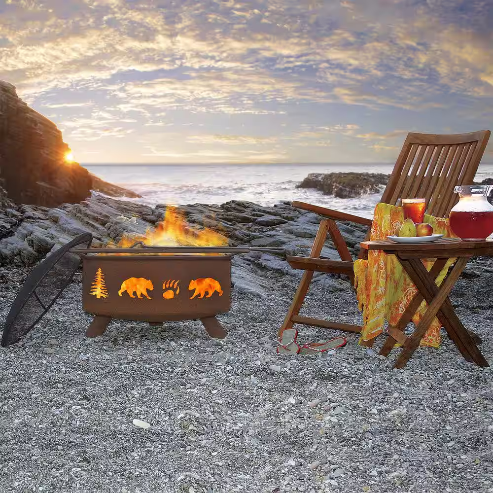 None Bear and Trees 29 in. x 18 in. Round Steel Wood Burning Fire Pit in Rust with Grill Poker Spark Screen and Cover