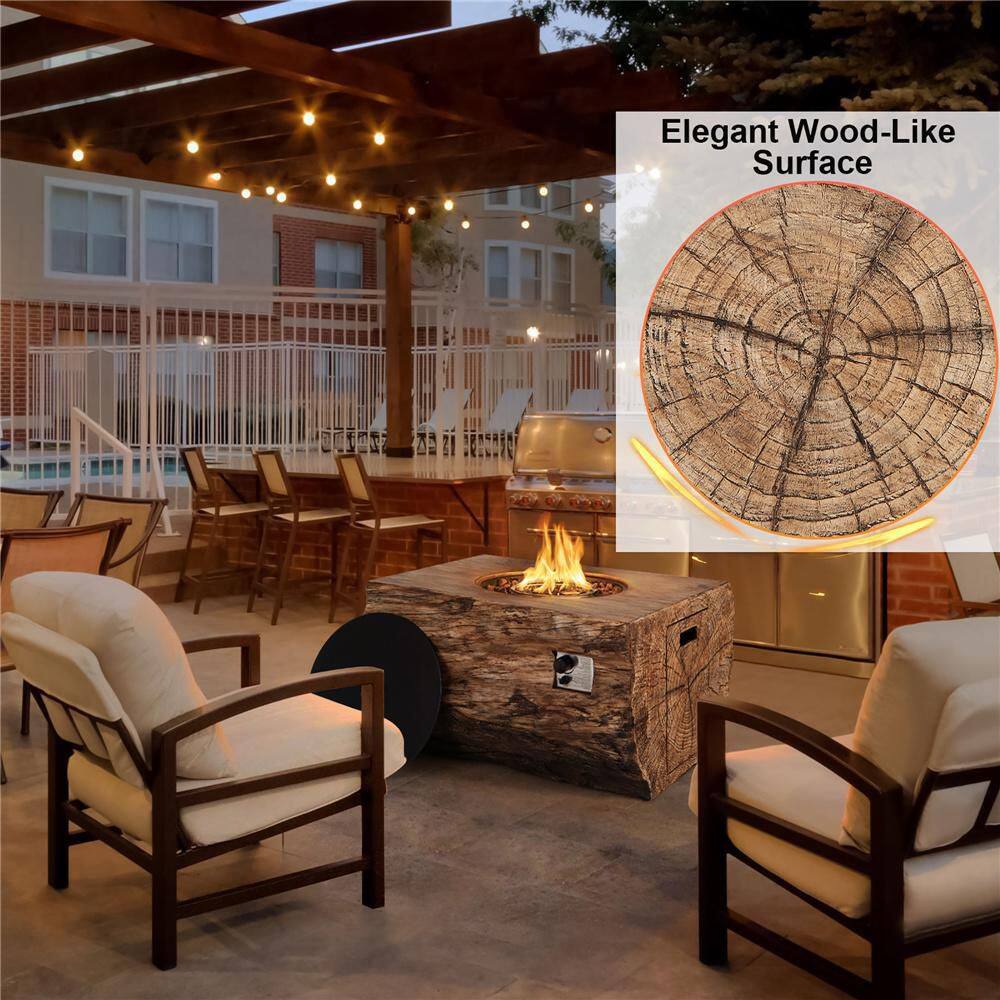 None Rectangle Propane 40 in. Stone Metal Fire Pit Table Wood-Like Surface with Lava Rock PVC Cover