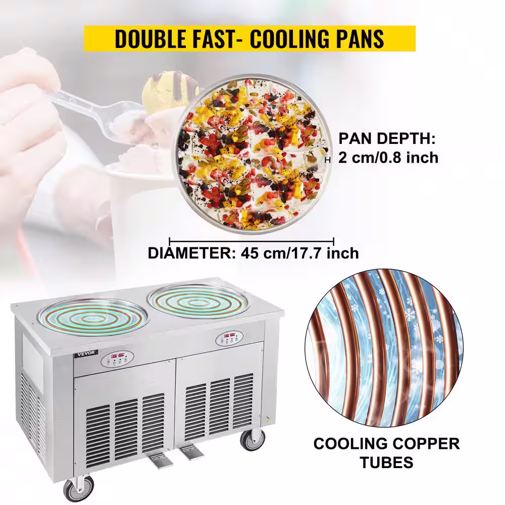 VEVOR Commercial Silver Ice Cream Roll Maker 1800 Watt Stainless Steel Yogurt Cream Machine with Double Pans for Cafes