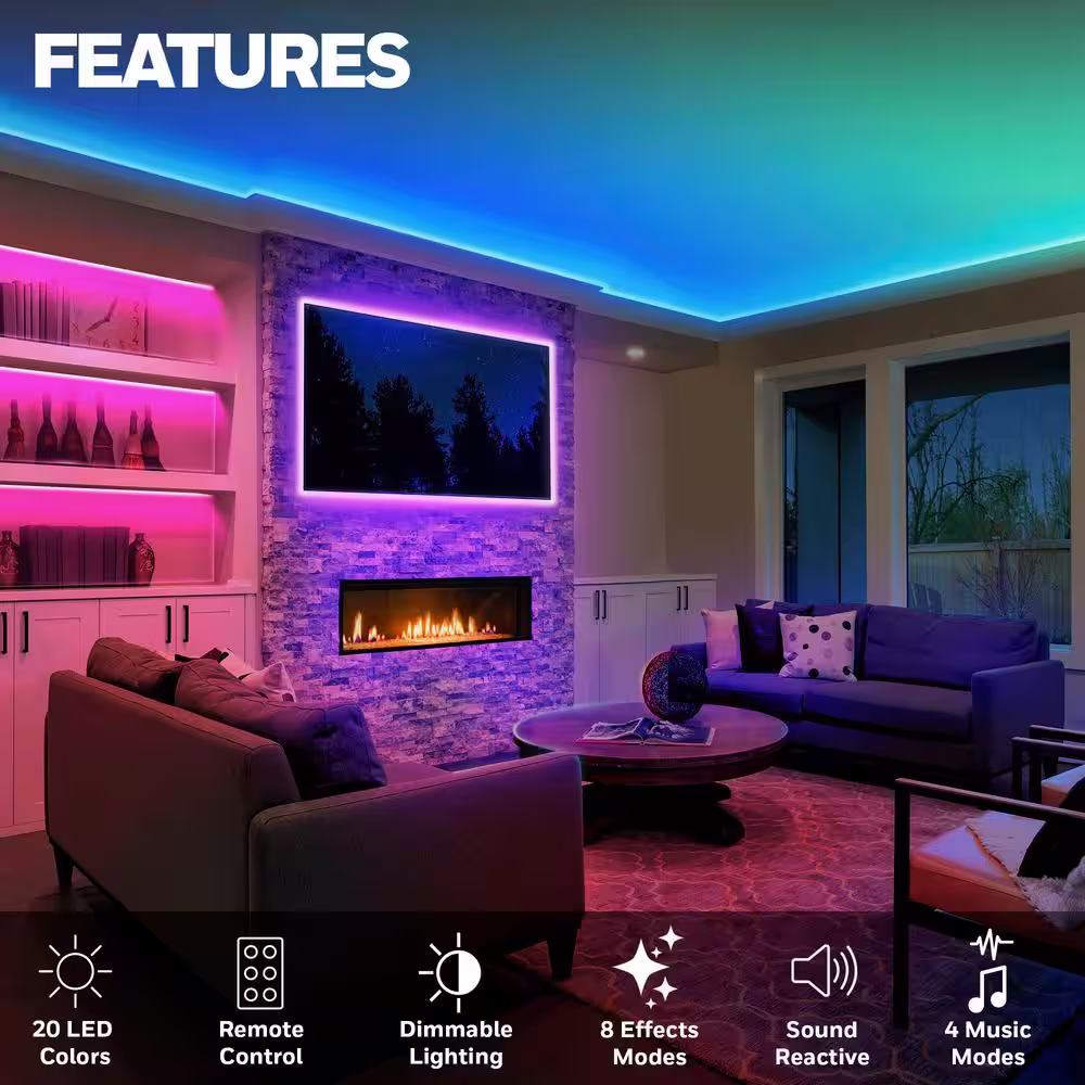 Honeywell 8.2 ft. USB Powered LED RGB Strip Lights for Home Decor, Mounted Under Cabinet Lights with Music Sync