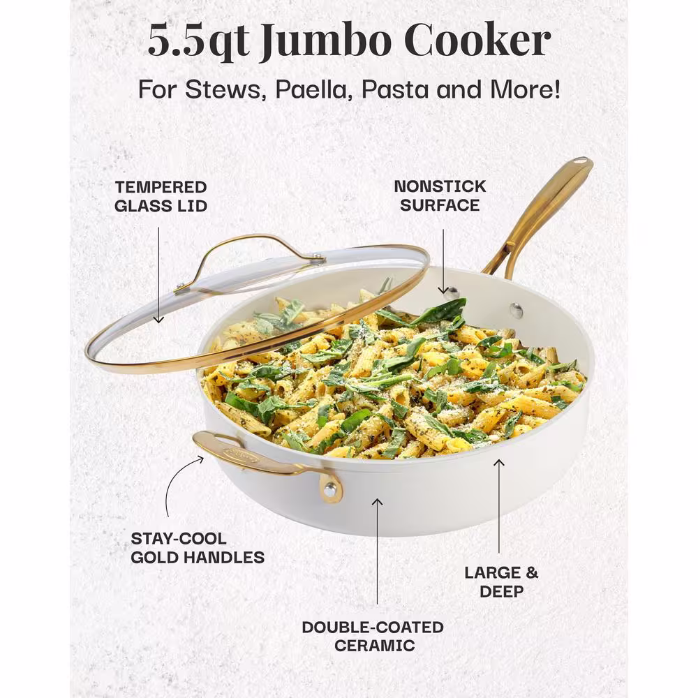 Gotham Steel Natural Collection 5.5 qt. Aluminum Ultra Performance Ceramic Nonstick Deep Saute Pan in Cream with Lid and Gold Handle
