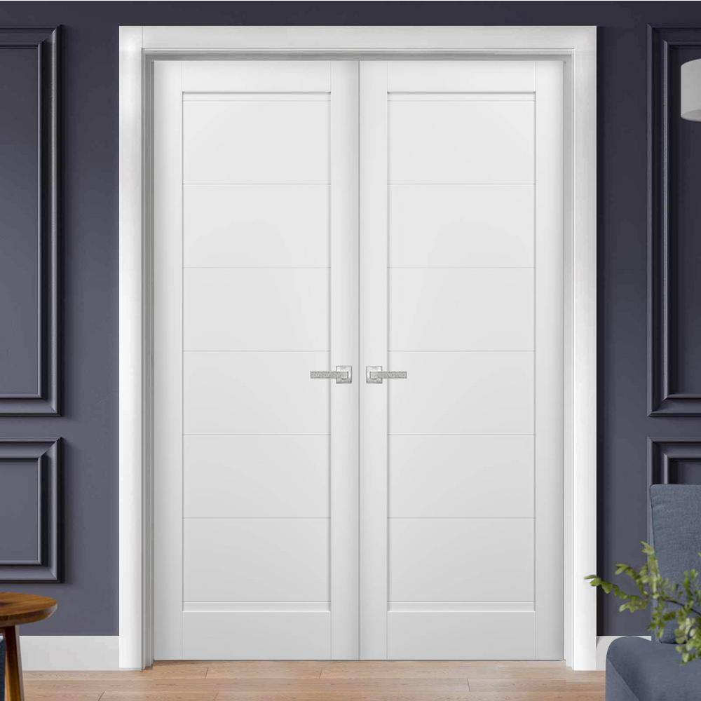 Sartodoors 56 in. x 96 in. Single Panel White Finished Pine Wood Sliding Door with Hardware
