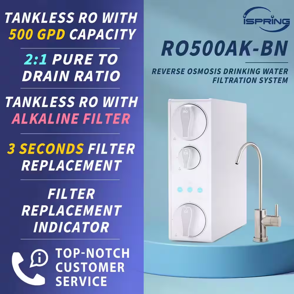 ISPRING Tankless RO Water System, 500 GPD, Natural pH Alkaline, Brushed Nickel Faucet, 2:1 Pure to Drain Ratio