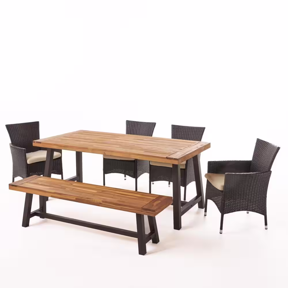 Noble House Annalise 6-Piece Wood and Faux Rattan Outdoor Dining Set with Beige Cushion