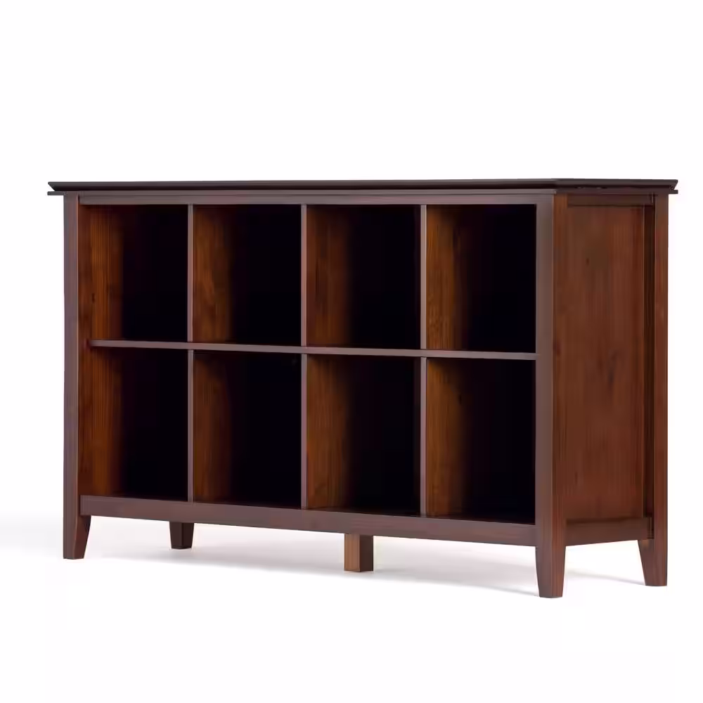 Simpli Home Artisan Solid Wood 57 in. Wide Transitional 8 Cube Storage Sofa Table in Russet Brown