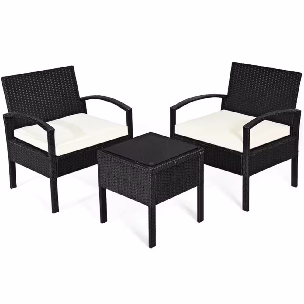 None 3-Piece Metal Frame Outdoor Bistro Set PE Rattan Patio Conversation Set with White Seat Cushions and Coffee Table