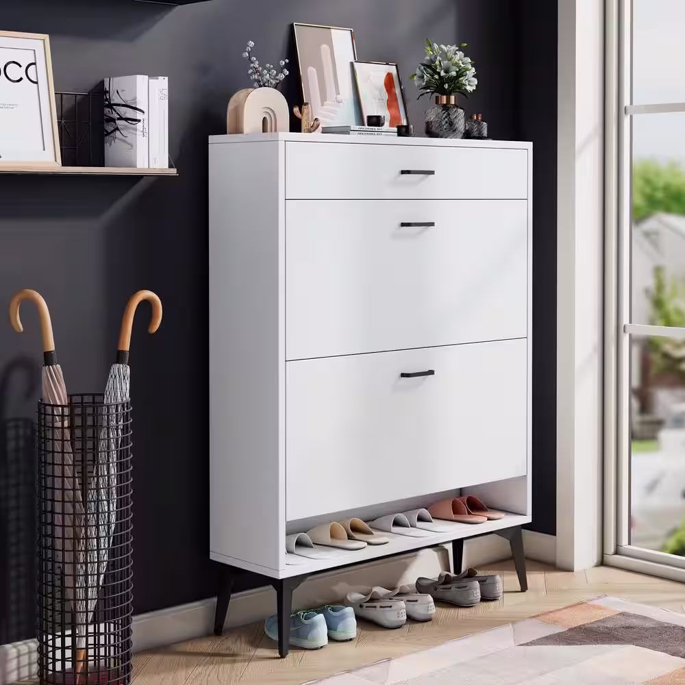 None 43.3 in. H x 31.5 in. W White Wood 1-Drawer Shoe Storage Cabinet with Foldable Compartments Entryway Hallway