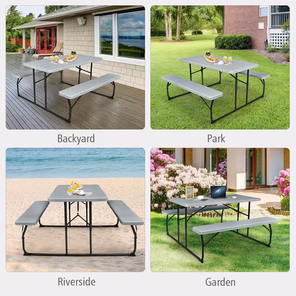 HONEY JOY Grey Metal Indoor and Outdoor Folding Picnic Table with Bench Seat Heavy-Duty Portable Camping Table Set
