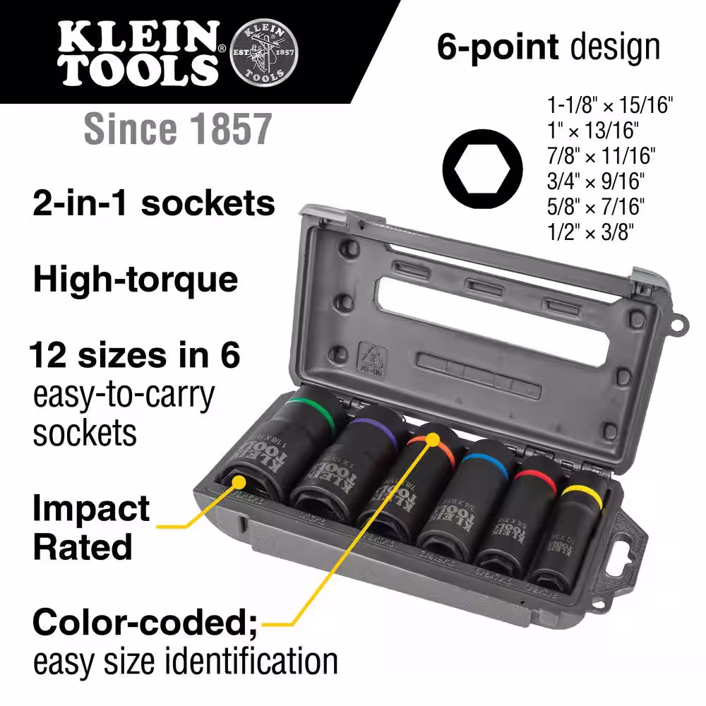 Klein Tools 2-in-1 Impact Socket Set (6-Point, 6-Piece)