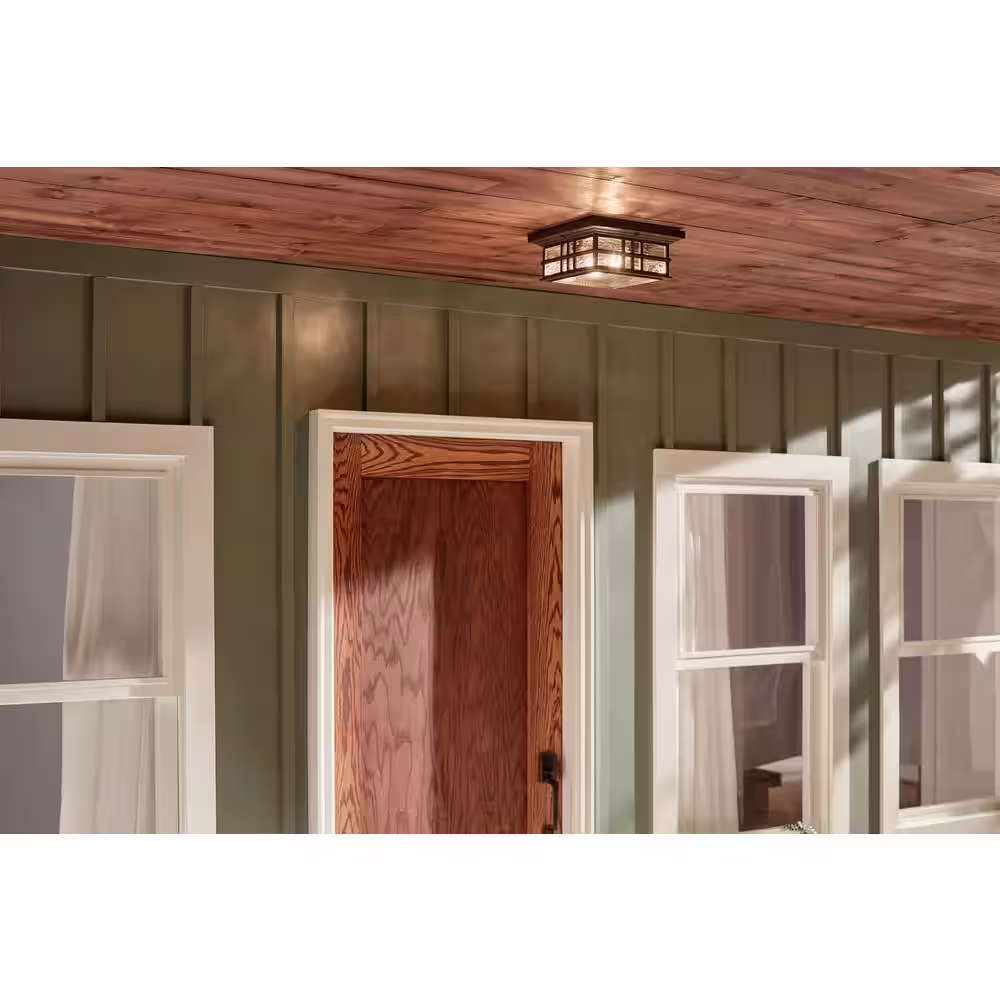 KICHLER Beacon Square 2-Light Olde Bronze Outdoor Porch Ceiling Flush Mount Light with Clear Hammered Glass (1-Pack)