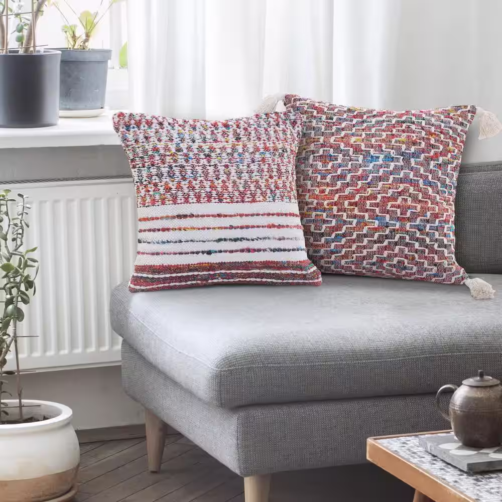 LR Home Lucia Graphic Multi-color / White Diamonds Tassels Poly-fill 20 in. x 20 in. Throw Pillow