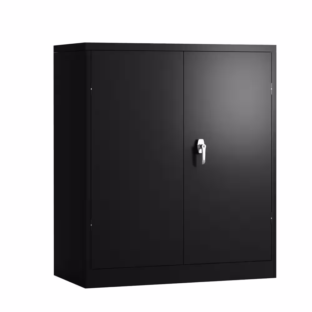 None Black Metal Lockable Storage Cabinet with 2 Doors and 2 Shelves