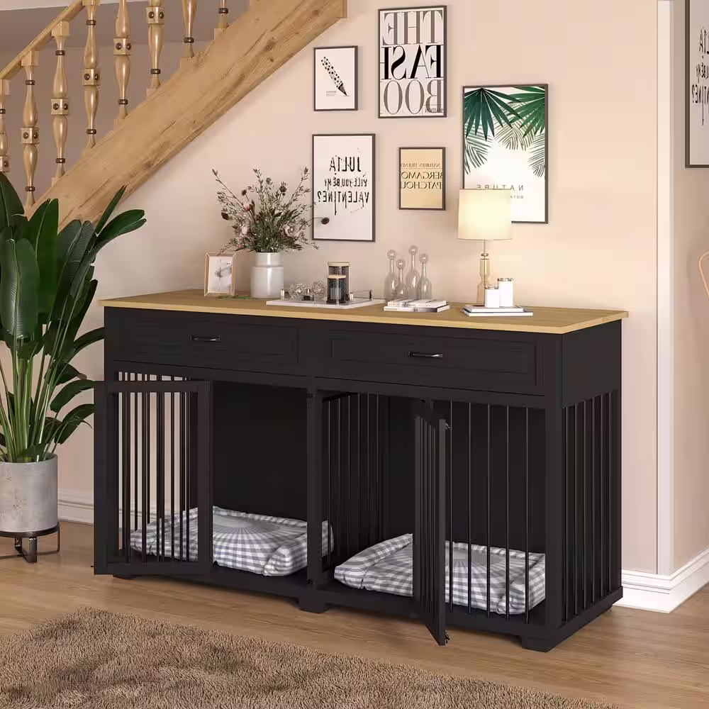 FUFU&GAGA Black Wooden Accent Storage Cabinet with 2-Drawer, Dog Crates Cage Furniture for Large Dog