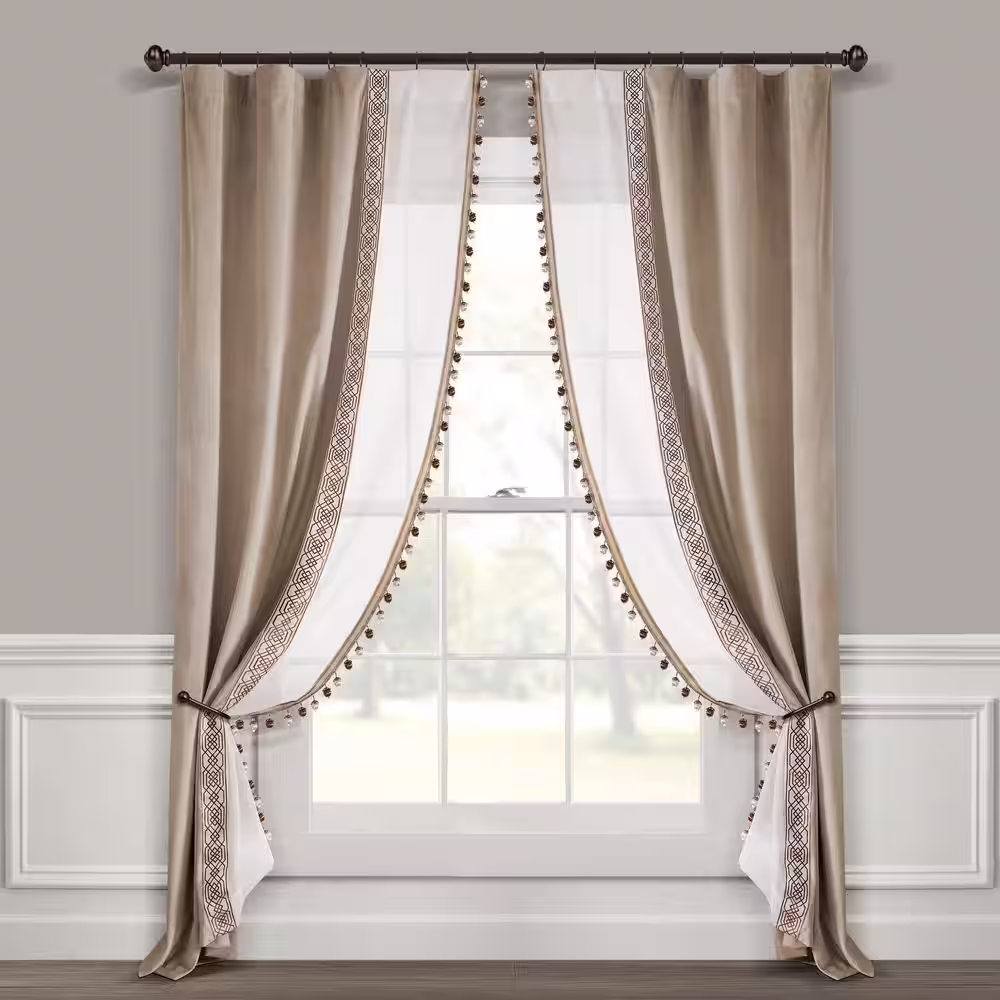 None Luxury Vintage 42 in. W x 84 in. L Velvet and Sheer With Border Pompom Trim Window Curtain Panel in Taupe/Ivory Single