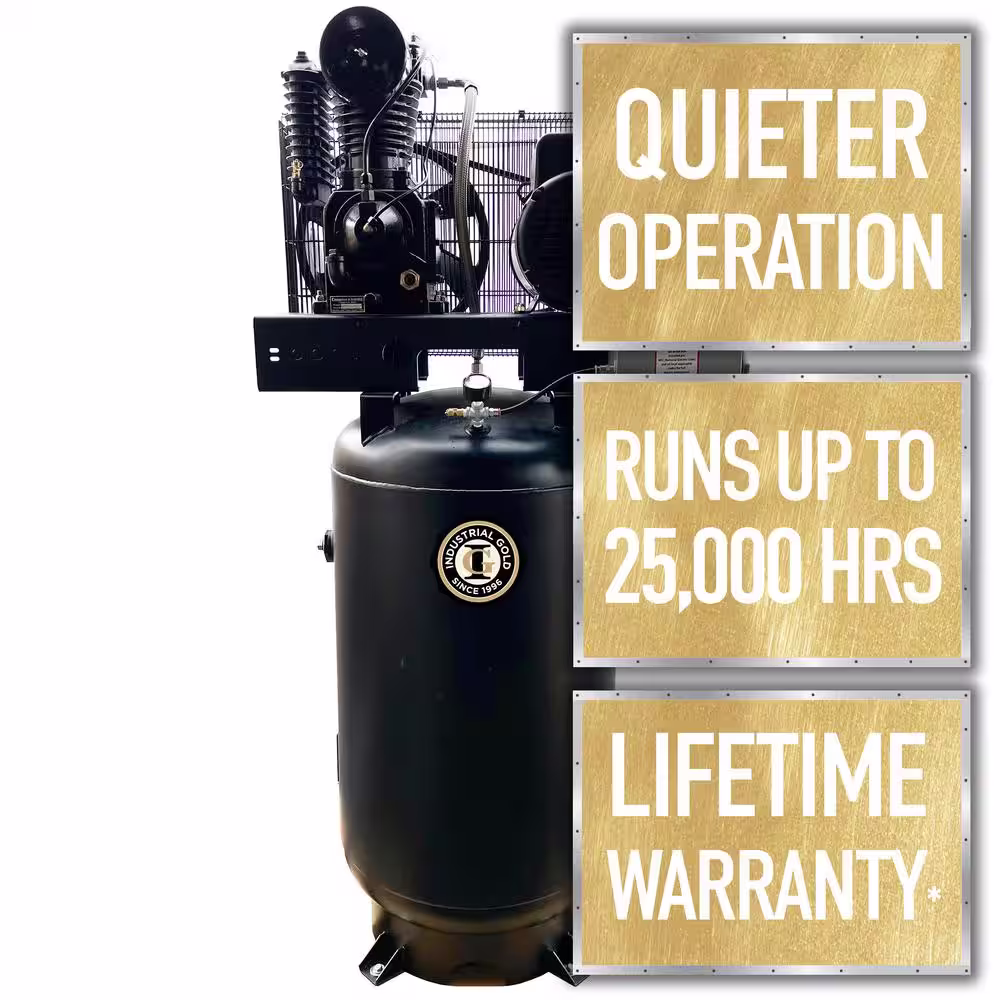 None Industrial Gold 80 Gal. 7.5 HP Vertical 1-Phase Low RPM 175 PSI Electric Air Compressor with Quiet Operation
