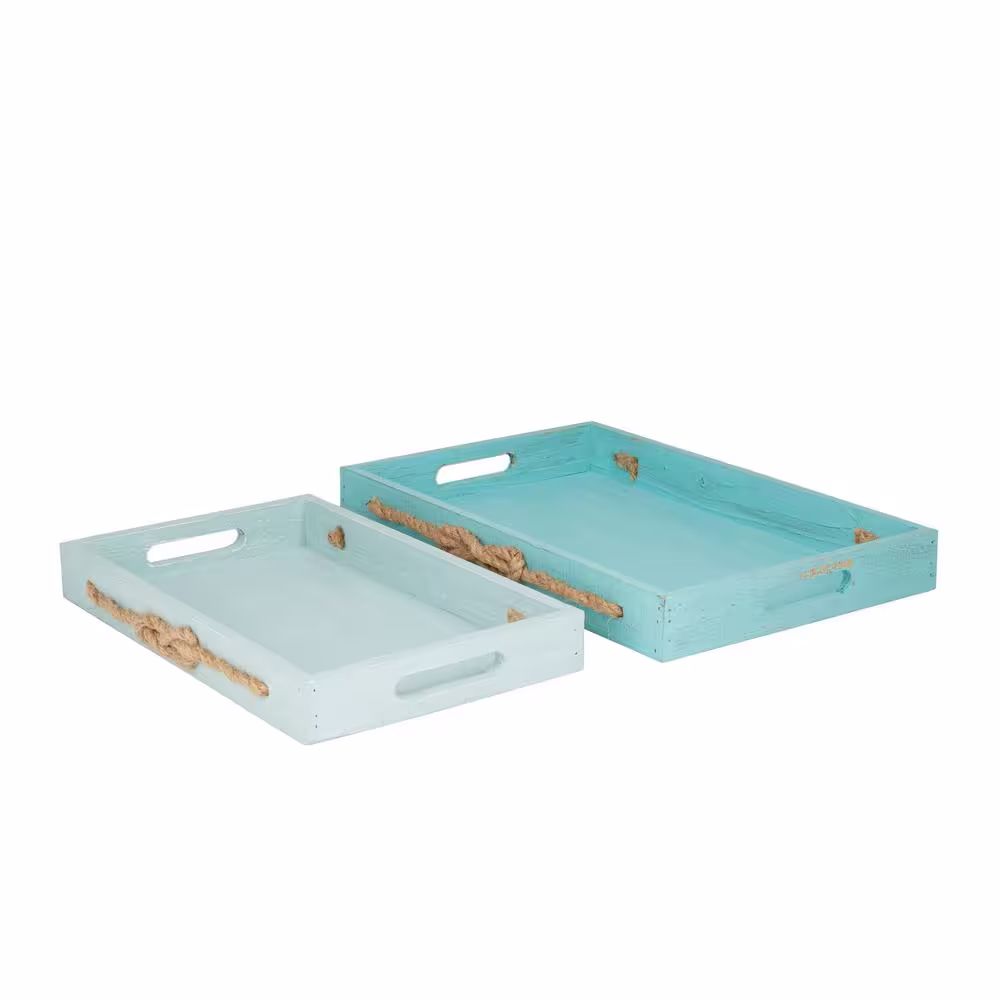 Litton Lane Blue Wood Decorative Tray with Rope Accents (Set of 2)
