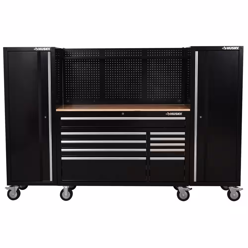 Husky Modular 92 in. W 10-Drawer Black Mobile Workbench Cabinet  with Pegboard and (2) 20 in. Side Lockers