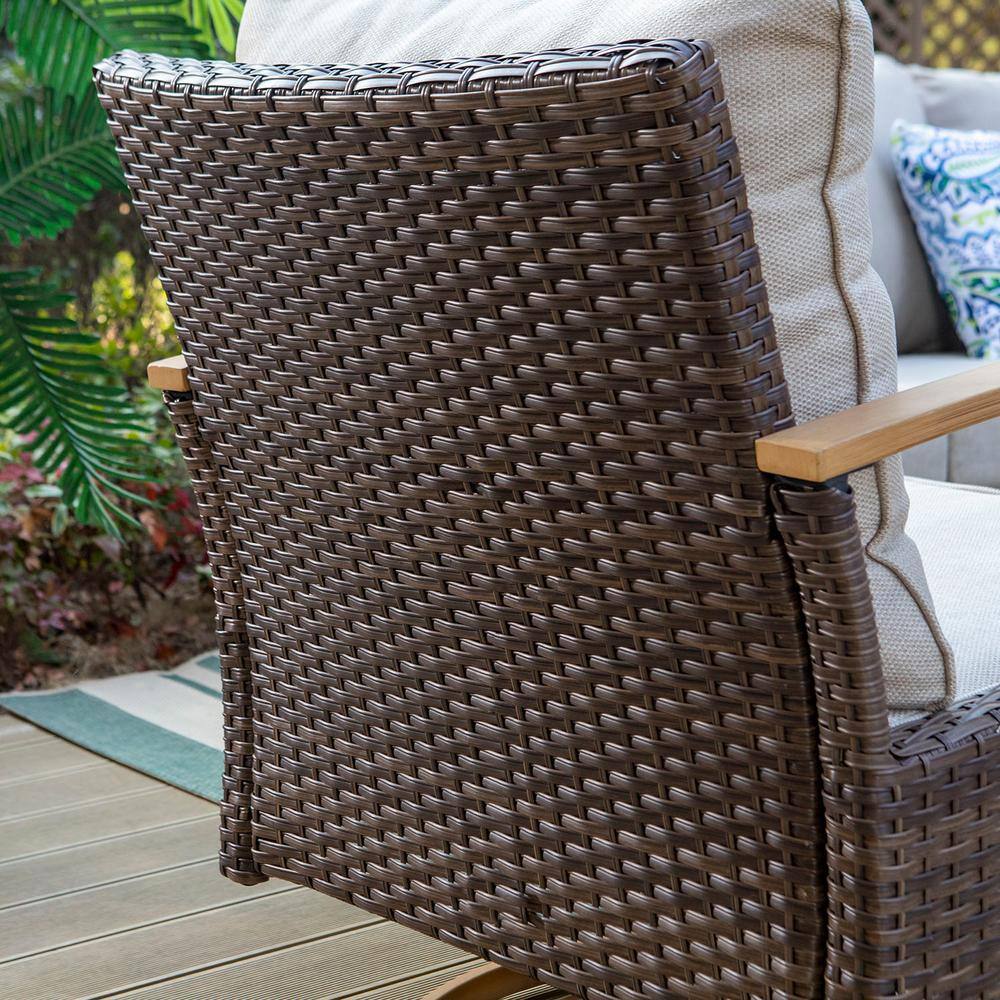 None Metal 7 Seat 6-Piece Rattan Wicker Steel Outdoor Patio Conversation Set With Beige Cushions and Wood-Colored Table
