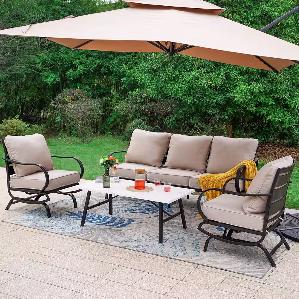None Metal 5 Seat 4-Piece Steel Outdoor Patio Conversation Set With Rocking Chairs, Beige Cushions and Marble Pattern Table