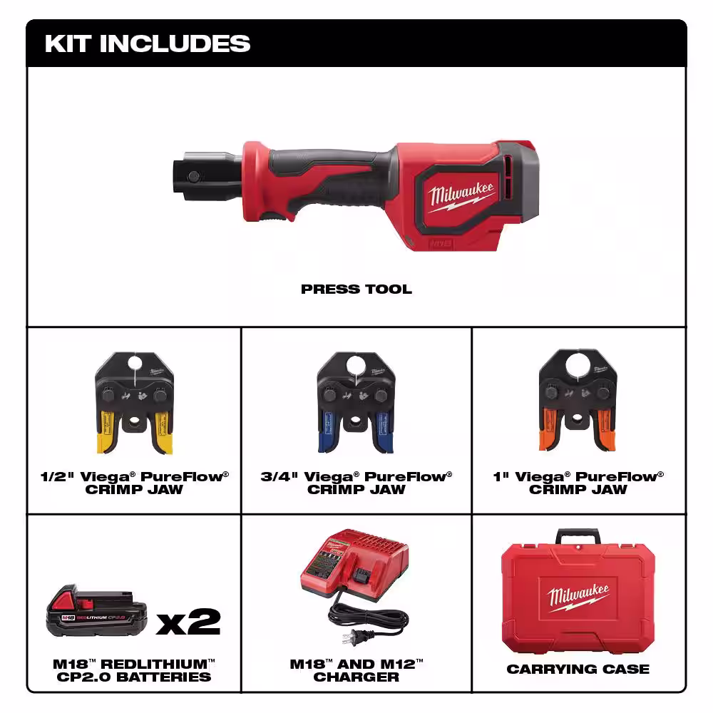 Milwaukee M18 18-Volt Lithium-Ion Cordless Short Throw Press Tool Kit w/ (3) Viega PureFlow Jaws & M18 Fuel Hackzall