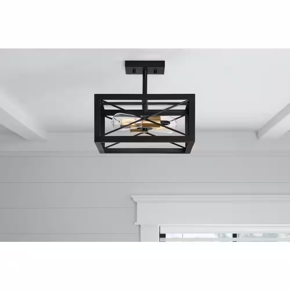 Home Decorators Collection Harwood 12.5 in. 2-Light Matte Black and Old Satin Brass Semi-Flush Mount Ceiling Light with Cage Shade