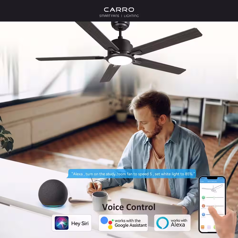 CARRO Essex 56 in. Dimmable LED Indoor/Outdoor Black Smart Ceiling Fan with Light and Remote, Works with Alexa/Google Home