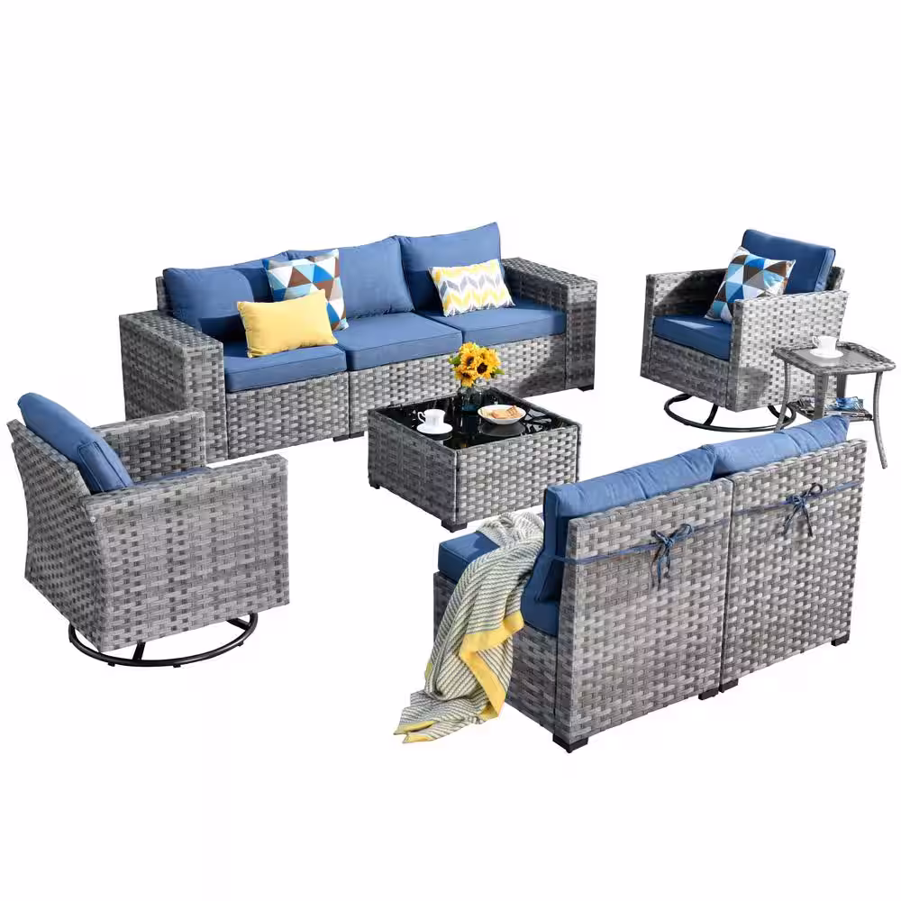 HOOOWOOO Tahoe Grey 9-Piece Wicker Outdoor Patio Conversation Sofa Set with Swivel Rocking Chairs and Denim Blue Cushions