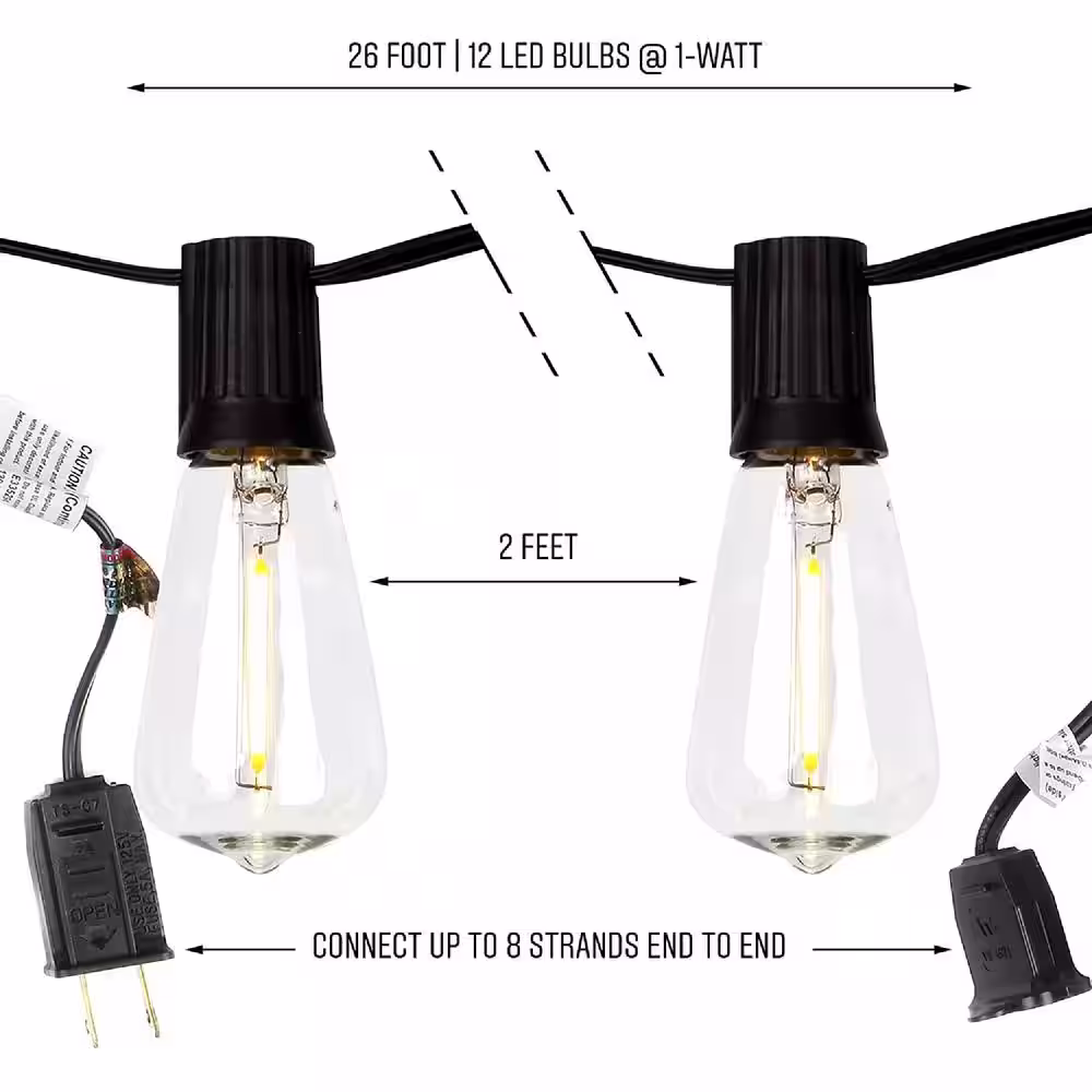 Brightech Ambience Pro 12-Light 26 ft. Outdoor Plug-in 1W 2700k LED ST38 Teardrop Edison Bulb String-Light