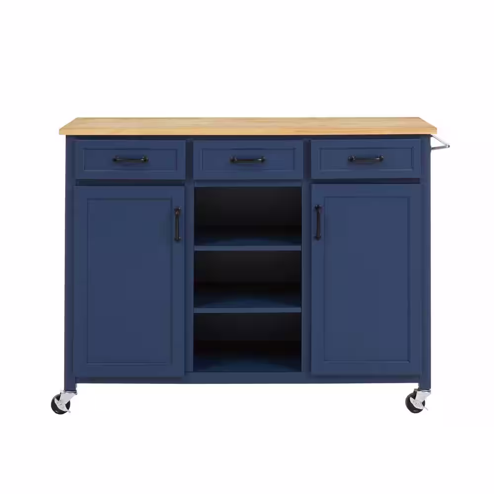 Home Decorators Collection Midnight Blue Rolling Kitchen Cart with Butcher Block Top and Storage (48