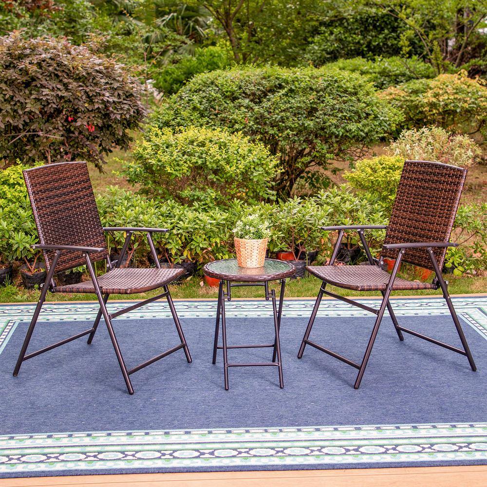 None Black 3-Piece Metal Folding Round Table Patio Outdoor Bistro Set with Folding Reclining Rattan Chairs