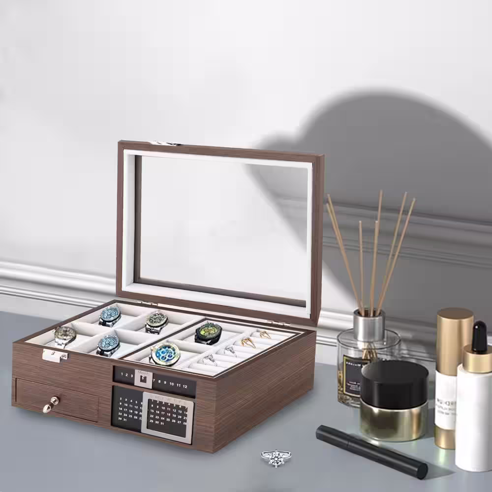 None 2 Layer Large Jewelry Storage Case 6-Slot Watch Box with Glass Lid Calendar Drawer Lockable Jewelry Organizer
