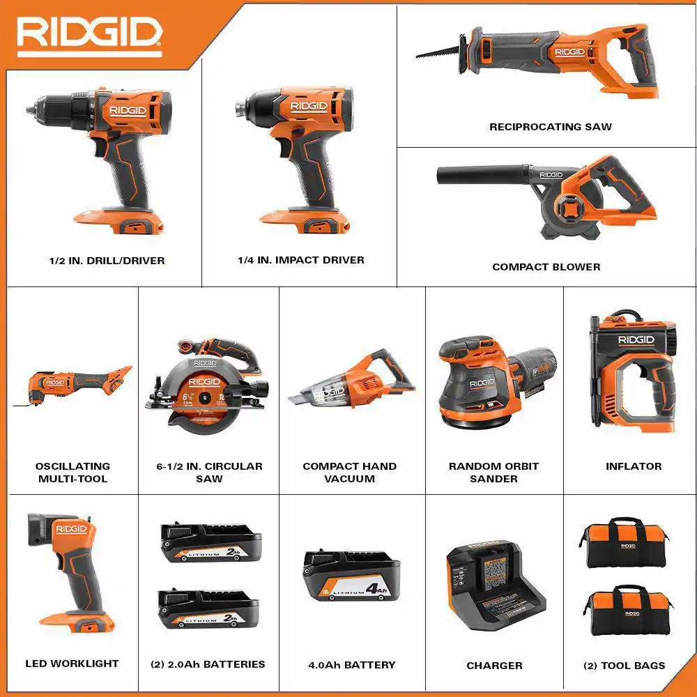 RIDGID 18V Cordless 10-Tool Combo Kit with (2) 2.0 Ah Battery, (1) 4.0 Ah Battery, Charger, and Bag