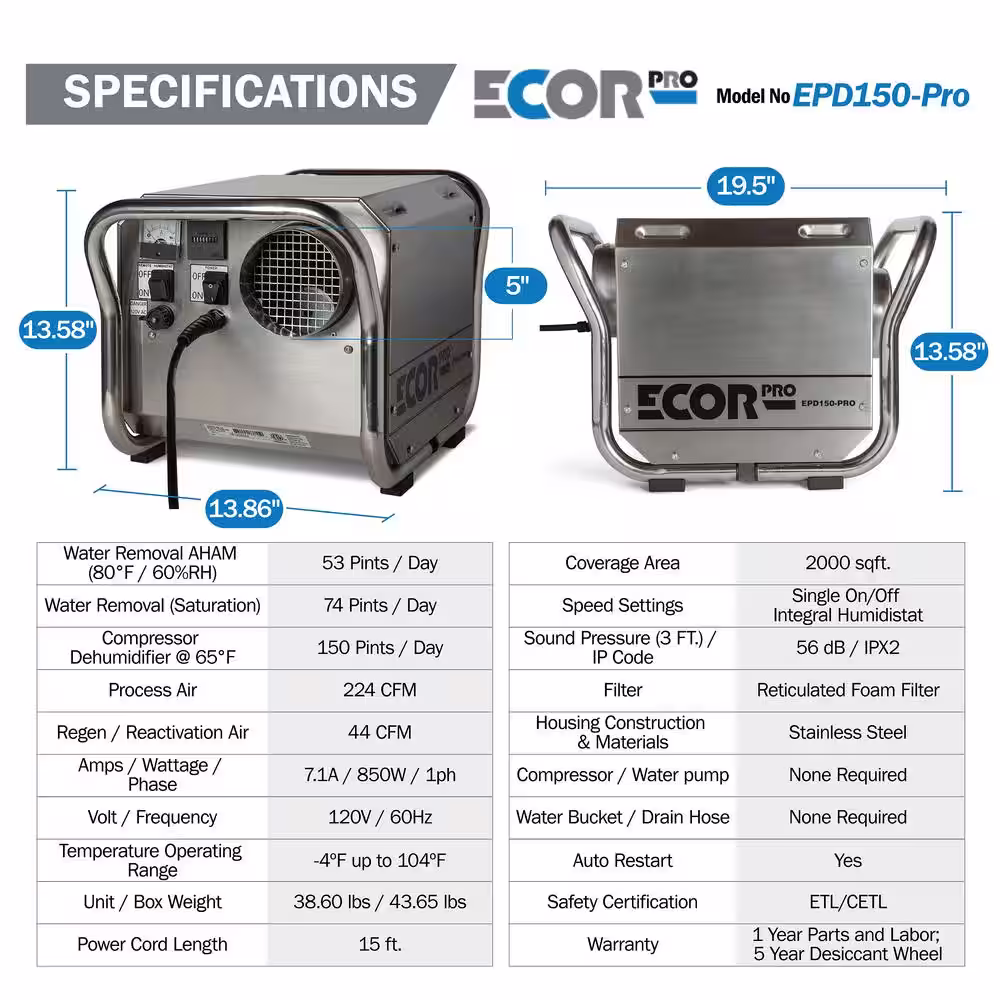 Ecor Pro 150 Pint Portable Commercial Stainless Steel Desiccant Dehumidifier for Basement, CrawlSpace, Whole House and Warehouses