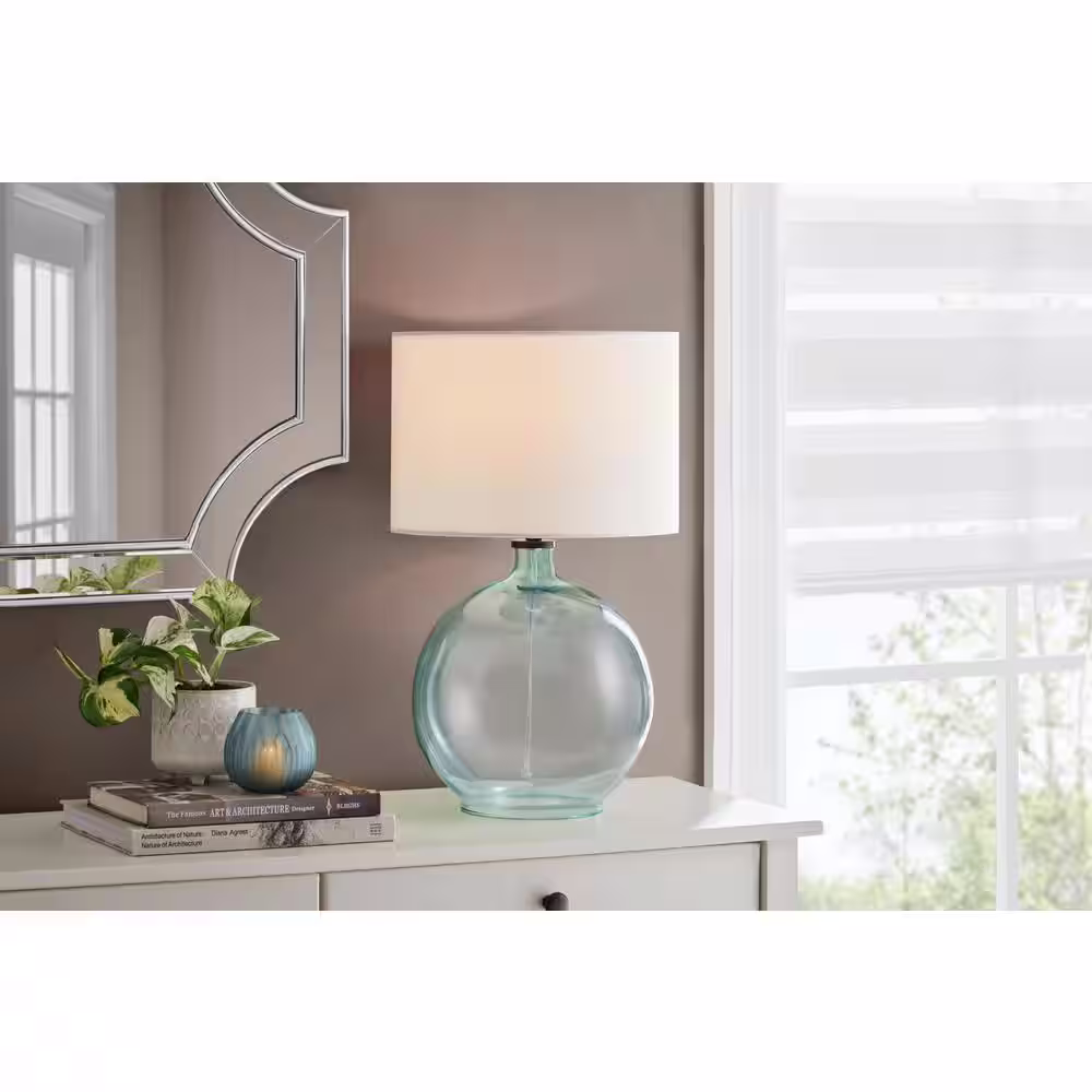Hampton Bay Windmere 21.5 in. Seagrass Green Glass Table Lamp with White Shade