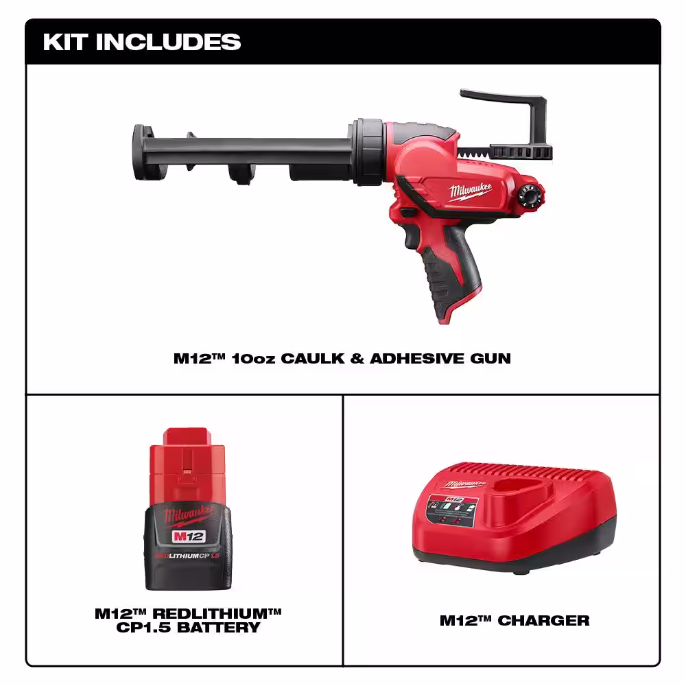 Milwaukee M12 12V Lithium-Ion Cordless 10 oz. Caulk and Adhesive Gun Kit with (1) 1.5Ah Battery and Charger