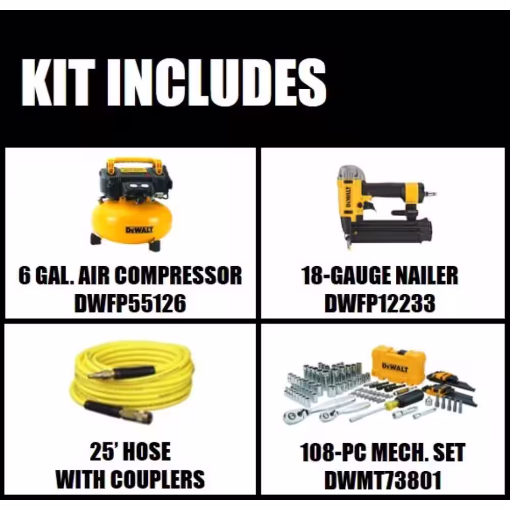 DEWALT 6 Gal. 165 PSI Heavy-Duty Electric Pancake Air Compressor, 18GA Brad Nailer, and Mechanics Tool Set (108-Piece)