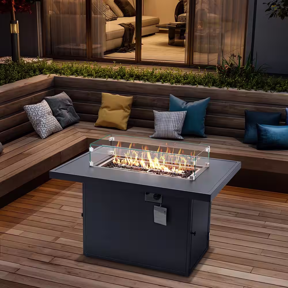 None 55000 BTU Aluminum Alloy Fire Pit Table Outdoor with Glass Wind Guard for Garden Patio