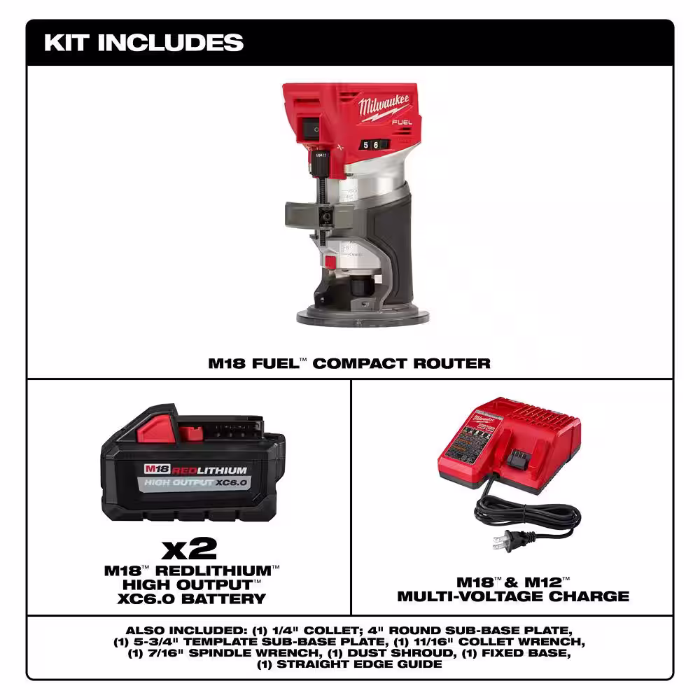Milwaukee M18 FUEL 18V Lithium-Ion Brushless Cordless Compact Router w/Two 6.0 Ah Battery and Charger