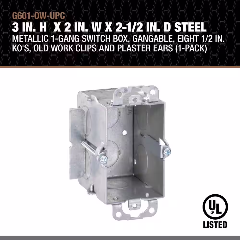 Southwire 3 in. H x 2 in. W x 2-1/2 in. D Steel Metallic 1-Gang Switch Box Eight 1/2 in. KO Old Work Clip and Plaster Ear 1-Pack