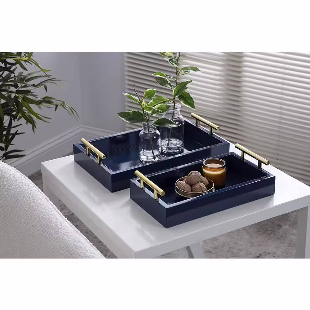 None 14 in. L x 8.5 in. W Blue Wood Rectangle Tray Set, (Set of 2)