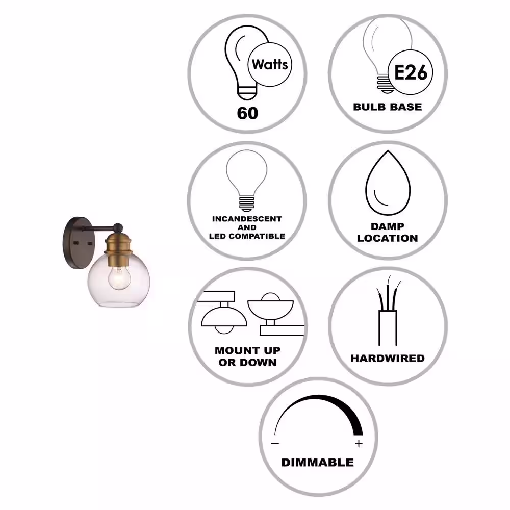 Bel Air Lighting Polverini 1-Light Black and Antique Gold Indoor Wall Sconce Light Fixture with Clear Glass Shade