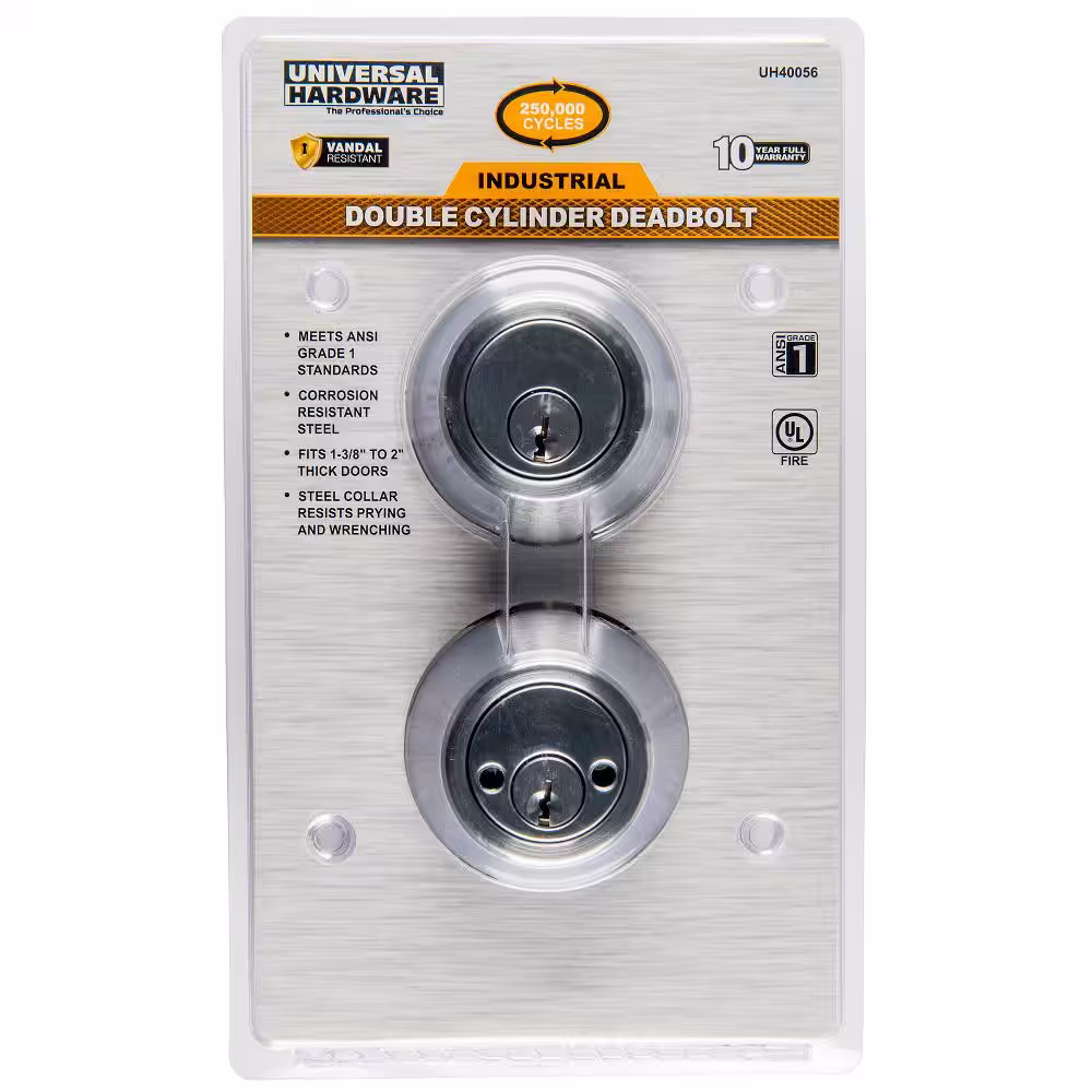 Universal Hardware Universal Hardware Industrial Duty Commercial Double Cylinder Deadbolt, UL 3-Hr Fire ANSI Grade 1, Satin Chrome Finish