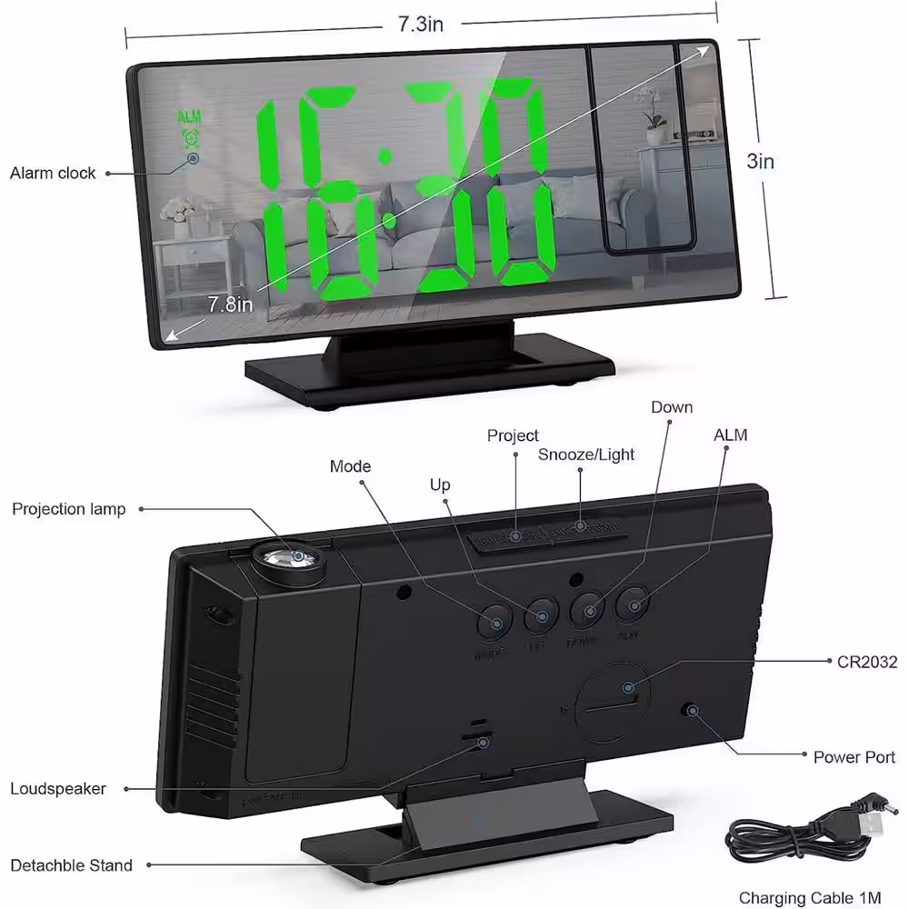 None 7.8 in. Large Screen 180Â° Projection Alarm Digital Clock in Green for Bedroom Office