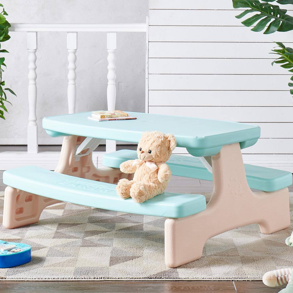 None Kids Modern Aqua Blue Rectangular Plastic Picnic Outdoor Bench Table Set