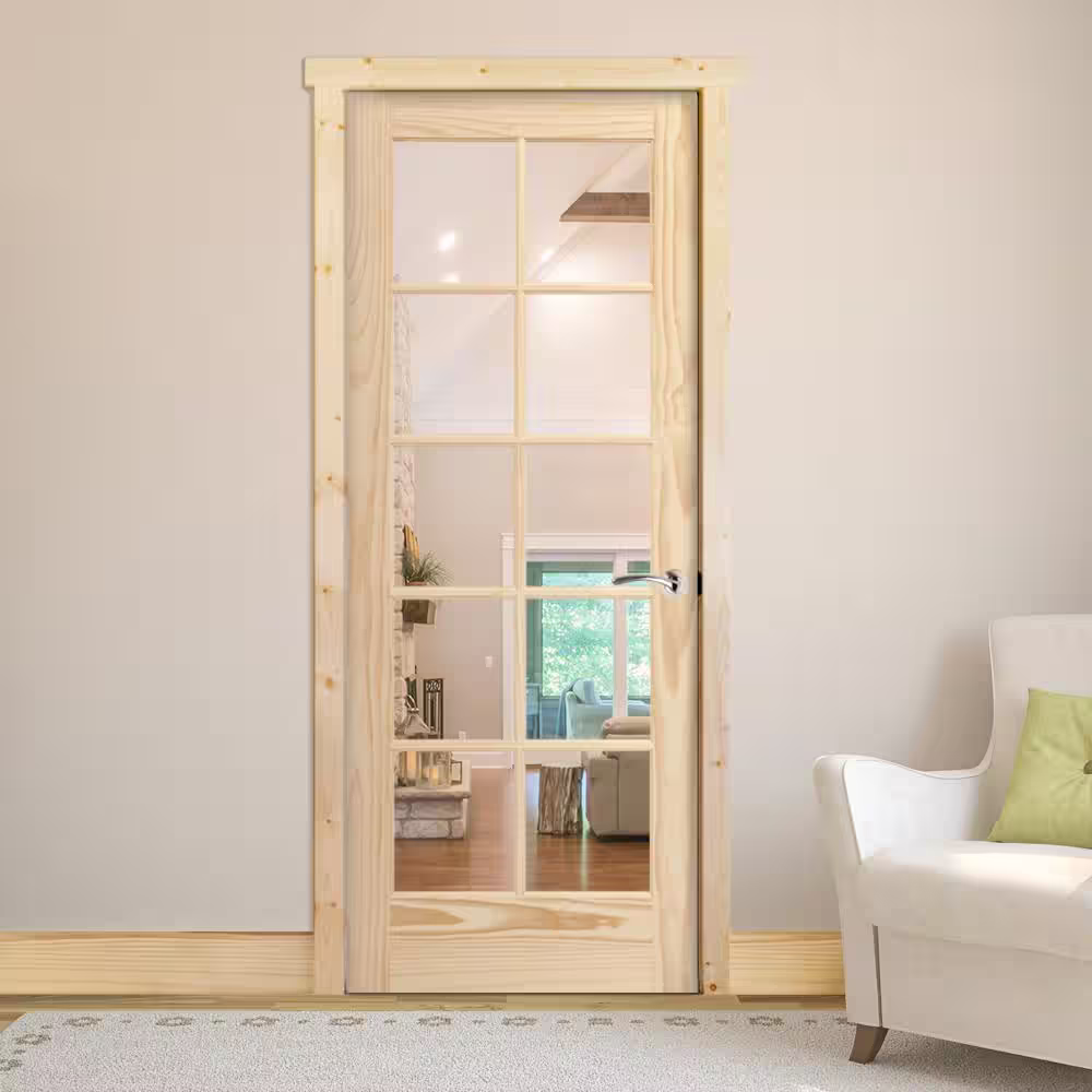 Steves & Sons 32 in. x 80 in. French Unfinished Pine Solid Core Wood 10-Lite Interior Door Slab with Bore
