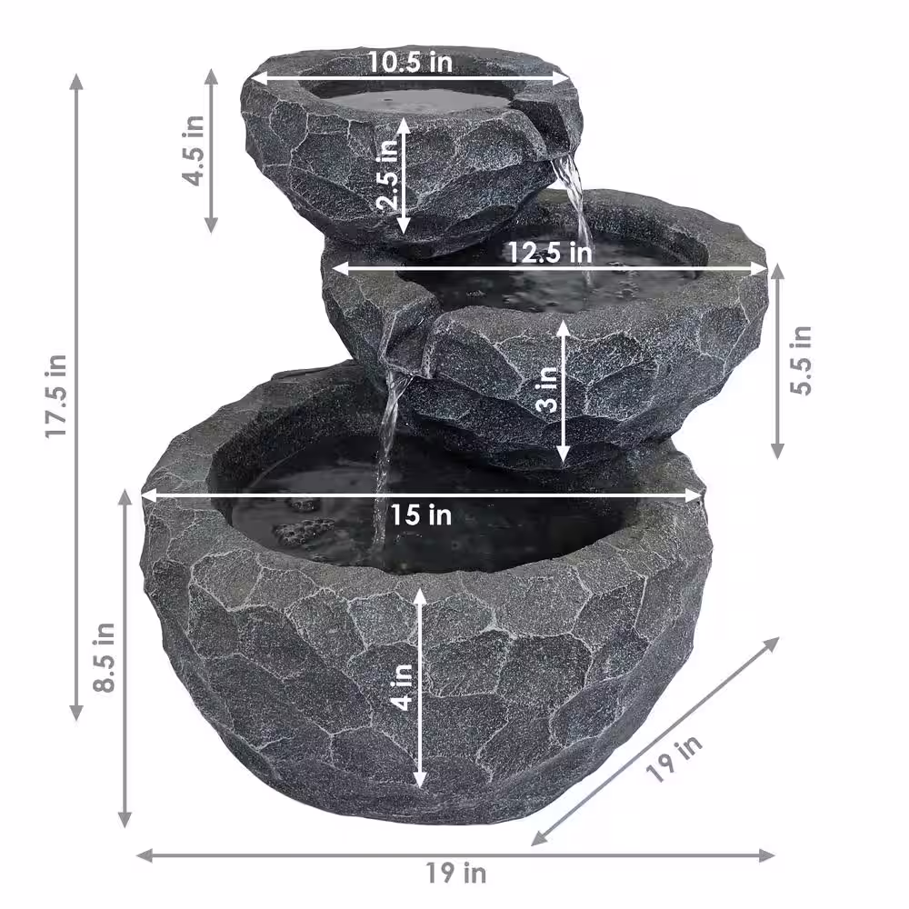 Sunnydaze Decor 17 in. 3-Tier Chiseled Basin Solar Outdoor Tiered Water Fountain with Battery Backup